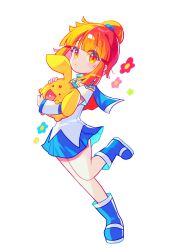 Rule 34 | 1girl, absurdres, arle nadja, blue footwear, blue skirt, boots, closed mouth, full body, high ponytail, highres, holding, holding stuffed toy, looking at viewer, medium hair, offbeat, orange eyes, orange hair, puyopuyo, simple background, skirt, solo, standing, standing on one leg, star (symbol), stuffed toy, white background, white trim