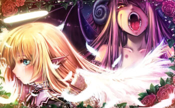 Rule 34 | 2girls, angel, black horns, blonde hair, blood, blood on face, blush, brown ribbon, closed mouth, commentary request, curled horns, demon girl, feathered wings, flower, green eyes, hair over one eye, horns, long hair, misaki (kyal 001), multiple girls, neck ribbon, open mouth, original, pointy ears, purple hair, red flower, red rose, ribbon, rose, upper body, very long hair, white wings, wings, yellow eyes