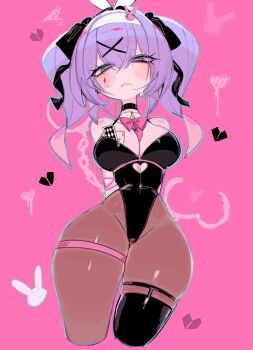 1girl ace_(playing_card) ace_of_hearts animal_ears aqua_eyes black_leotard black_pantyhose blue_hair bow bowtie breasts card clothing_cutout commentary cuffs cutout_above_navel english_commentary fake_animal_ears hair_ornament hairband handcuffs hatsune_miku heart heart_cutout highres large_breasts leotard object_in_bra pantyhose pink_background pink_bow pink_bowtie playboy_bunny playing_card rabbit_ears rabbit_hole_(vocaloid) solo teardrop_facial_mark thighs twintails usa37107692 vocaloid white_hairband x_hair_ornament