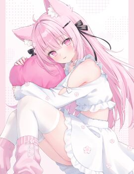 1girl ahoge animal_ear_fluff animal_ears armpit_crease bare_shoulders cat_ears choker clothing_cutout commentary commission crop_top english_commentary frilled_shirt frills hair_ornament hair_ribbon hairclip high-waist_skirt highres hugging_object long_hair long_sleeves looking_at_viewer loose_socks midriff original parted_lips pillow pillow_hug pink_eyes pink_hair pink_socks ribbon shano_hiyori shirt shoulder_cutout skeb_commission skirt smile socks solo thighhighs white_choker white_shirt white_skirt white_thighhighs