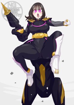 Rule 34 | 1girl, absurdres, bodysuit, brown hair, centaur mode, highres, ichikawa sumino, no.1 sentai gozyuger, no headwear, otokamu, pink eyes, super sentai, weapon