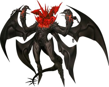 1boy absurdres chain claws demon demon_(megami_tensei) doi_masayuki hands_up highres horns impaled large_hands male_focus multiple_heads multiple_wings no_feet official_art satan_(megami_tensei) scan shin_megami_tensei shin_megami_tensei_iv_final shoulder_spikes skull solo spikes standing tail third-party_source transparent_background wings