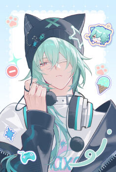 Rule 34 | 1boy, anaxa (honkai: star rail), animal ear headwear, annshiro76, aqua eyes, aqua hair, beanie, black jacket, character sticker, choker, closed mouth, commentary, eyepatch, fake animal ears, frown, hair between eyes, hand up, hashtag-only commentary, hat, headphones, headphones around neck, highres, honkai: star rail, honkai (series), jacket, jacket partially removed, long hair, long sleeves, male focus, medical eyepatch, paw print, pierced hat, pom pom (clothes), pom pom beanie, shirt, solo, sparkle, sticker, symbol-only commentary, watermark, weibo watermark, white choker, white shirt