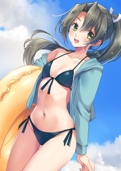 1girl bikini blue_bikini blue_jacket blue_sky breasts cloud front-tie_bikini_top front-tie_top green_eyes grey_hair highres hood hooded_jacket innertube jacket jacket_over_swimsuit kantai_collection long_hair looking_at_viewer minakami_nagara ponytail side-tie_bikini_bottom sky small_breasts smile solo swim_ring swimsuit zuikaku_(kancolle) zuikaku_(swimsuit)_(kancolle) zuikaku_kai_ni_(kancolle)