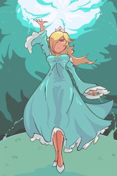 arm_up blonde_hair blue_hair crown davewaterfalls dress earrings hair_over_one_eye jewelry long_hair looking_at_viewer mario_(series) nintendo one_eye_covered outdoors rosalina star_(symbol) star_earrings