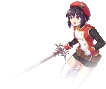 Rule 34 | 1girl, alpha transparency, arched back, artist request, badge, belt, belt buckle, beret, black hair, black shirt, black shorts, black sleeves, breasts, brown belt, brown eyes, buckle, buttons, collared shirt, gem, gloves, gold buttons, hat, holding, holding sword, holding weapon, ispin charles, jacket, large belt, leg up, long sleeves, loose belt, medium breasts, military hat, military jacket, military uniform, multicolored jacket, narrow waist, nexon, official art, open mouth, plain epaulettes, red gemstone, red hat, red jacket, second-party source, serious, shirt, short hair, shorts, simple background, skinny, sleeve cuffs, sleeveless, sleeveless jacket, solo, sword, tales weaver, teeth, thighhighs, tongue, transparent background, two-tone jacket, undershirt, upper teeth only, weapon, white gloves, white jacket, white thighhighs, wing collar, yellow trim