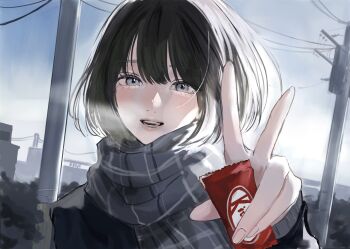 aoiame black_coat black_hair blush bob_cut breath candy coat commentary_request food gradient_sky grey_eyes grey_scarf grey_sky hand_up highres holding holding_candy holding_food kitkat looking_at_viewer open_mouth original outdoors plaid_clothes plaid_scarf power_lines scarf short_hair sky straight_hair utility_pole w winter