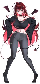 1girl :o absurdres ahoge akane_lize black-framed_eyewear black_choker black_sweater blush breasts choker cleavage colored_inner_hair commentary copyright_name creature_on_arm crop_top cropped_sweater cross cross_earrings curvy dated_commentary demon_wings earrings full_body glasses grey_eyes grey_pantyhose hair_ornament hairclip hand_on_own_hip highres jewelry large_breasts legs_apart long_hair long_sleeves midriff mini_wings mole mole_under_eye multicolored_hair navel no_pants no_shoes off-shoulder_sweater off_shoulder pantyhose parted_lips pienna_(akane_lize) pigeon-toed pink_hair purple_wings red_hair red_pupils round_eyewear single_earring single_off_shoulder slit_pupils solo standing stellive straight_hair streaked_hair sweat sweater sweaty_clothes tiptoes torn_clothes torn_sweater underboob untranslatable_commentary variant_set very_long_hair virtual_youtuber wide_hips wide_sleeves wings yeomhwauranyum