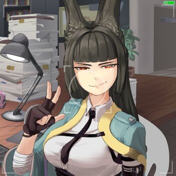 1girl absurdres animal_ear_fluff animal_ears black_gloves black_hair black_necktie black_skirt blunt_bangs brasileiroo breasts closed_mouth desk dress_shirt fingerless_gloves fox_ears fox_girl gloves green_jacket highres hoshimi_miyabi indoors jacket large_breasts long_hair looking_at_viewer necktie paper_stack shirt sidelocks sitting skirt smile solo splash_page v white_shirt zenless_zone_zero