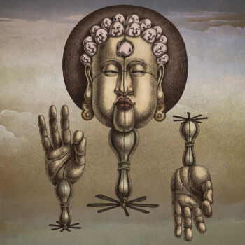 1boy 88kasyo_junrei afro album_cover anatomical_nonsense ass cloud commentary_request cover creature doll_joints earrings highres jewelry joints lips mudra nude propeller sky surreal taniguchi_takashi