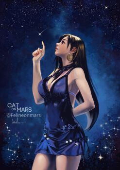1girl arm_behind_back artist_name bare_arms bare_shoulders black_hair blue_dress breasts cleavage closed_mouth commentary cowboy_shot crescent crescent_earrings dress earrings english_commentary felineonmars final_fantasy final_fantasy_vii final_fantasy_vii_remake index_finger_raised jewelry large_breasts lips long_hair looking_up neck_ribbon night profile ribbon shooting_star short_dress signature sky solo star_(sky) starry_sky tifa_lockhart tifa_lockhart_(refined_dress) twitter_username