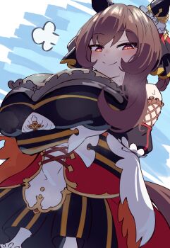 1girl animal_ears arms_under_breasts bare_shoulders blush braid braided_hair_rings breasts brown_hair closed_mouth commentary corset crossed_arms detached_sleeves dress ear_covers ear_ornament english_commentary gentildonna_(regina_dei_fiori)_(umamusume) gentildonna_(umamusume) gloves hair_between_eyes hair_ornament hair_rings heart-shaped_ornament heart_ear_ornament highres horse_ears horse_girl large_breasts long_hair looking_at_viewer red_corset red_eyes smile solo sweat umamusume vinsycal white_gloves