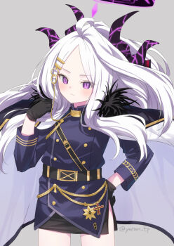 Rule 34 | 1girl, black gloves, black skirt, blue archive, blue jacket, closed mouth, commentary request, gloves, grey background, halo, hand on own hip, hand up, hina (blue archive), horns, jacket, long hair, looking at viewer, parted bangs, ponytail, purple eyes, simple background, skirt, solo, twitter username, very long hair, white hair, yumoran