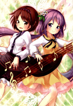 2girls :d absurdres beamed_eighth_notes biwa_lute black_skirt brown_hair chain closed_mouth collared_shirt dress eighth_note flower hair_flower hair_ornament hairband highres instrument long_hair long_sleeves looking_at_viewer low_twintails lute_(instrument) mimi_(mimi_puru) multiple_girls music musical_note musical_staff open_mouth playing_instrument purple_eyes purple_hairband scan sharp_sign shirt short_hair siblings sisters skirt smile third-party_source touhou treble_clef tsukumo_benben tsukumo_yatsuhashi twintails very_long_hair white_hair white_shirt yellow_dress