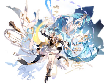 1girl absurdly_long_hair absurdres alchemy_stars aqua_eyes aqua_hair blue_eyes blue_hair boots dress frills full_body gloves hair_between_eyes hair_ornament hatsune_miku highres holding instrument liulianjingrua long_hair long_sleeves simple_background skirt solo thigh_strap twintails very_long_hair white_background white_skirt