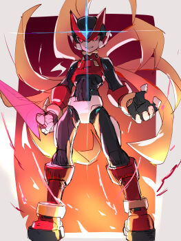 1boy absurdres armor blonde_hair energy_sword floating_hair forehead_jewel full_body glint glowing glowing_eyes helmet highres long_hair male_focus mega_man_(series) mega_man_zero_(series) omega_(mega_man) omochi_(mochi_skymega) red_armor red_eyes red_helmet romaji_commentary sketch solo sword weapon z_saber