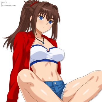 1girl absurdres aozaki_aoko bandeau blue_eyes blue_shorts breasts brown_hair cleavage cosplay cutoffs denim denim_shorts fate/apocrypha fate_(series) hair_intakes highres jacket jewelry justcuyo large_breasts long_hair long_sleeves looking_at_viewer mahou_tsukai_no_yoru mordred_(fate) mordred_(fate)_(cosplay) mordred_(memories_at_trifas)_(fate) mordred_(memories_at_trifas)_(fate)_(cosplay) navel necklace open_clothes open_jacket red_jacket short_shorts shorts sidelocks sitting solo thighs