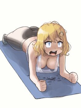 1girl ass blonde_hair blue_eyes breasts cleavage downblouse exercising hair_ornament hanging_breasts highres hololive hololive_english large_breasts mat medium_hair no_bra open_mouth pants push-ups see-through_clothes shirt simple_background solo sweat tank_top virtual_youtuber watson_amelia wet wet_clothes wet_shirt yoga_pants zedd_(zedgawr)