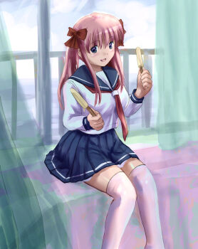 Rule 34 | 1girl, blue eyes, blue sailor collar, blue sky, bow, breasts, chemise, closed mouth, cuffs, curtains, day, eyebrows hidden by hair, feet out of frame, female focus, food, g yukishiro, hair bow, haramura nodoka, highres, ice cream, indoors, large breasts, long sleeves, looking at viewer, miniskirt, neckerchief, petite, petticoat, pink hair, pleated skirt, red bow, red neckerchief, sailor collar, saki (manga), school uniform, serafuku, shirt, sidelocks, sitting, skirt, sky, sleeve cuffs, slip showing, smile, socks, solo, thighhighs, twintails, upper body, white shirt, white socks, white thighhighs
