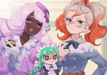 3girls apron black_bow black_bowtie black_romper blue_eyes blunt_bangs blush bow bowtie braid braided_ponytail breasts closed_mouth dark-skinned_female dark_skin dress fascinator glasses gloves gradient_hair green_hair griselle_(pokemon) hair_ornament holding holding_poke_ball jacinthe_(pokemon) juliet_sleeves lebanne_(pokemon) long_braid long_hair long_sleeves looking_at_viewer luxury_ball maid maid_apron maid_headdress mega_stone mizuiro123 multicolored_hair multiple_girls nintendo open_mouth orange_hair poke_ball pokemon pokemon_legends:_z-a ponytail puffy_sleeves purple_dress purple_eyes purple_hair quick_ball red_hair romper shirt smile teeth tsurime two-tone_hair very_dark_skin white-framed_eyewear white_bow white_bowtie white_gloves white_hair white_shirt