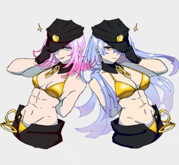 2girls abs arm_behind_back bikini black_gloves black_hat blue_eyes blue_hair breasts cleavage commentary cuffs detached_collar genderswap genderswap_(mtf) gloves gold_bikini handcuffs hat hat_tip highres kanekuripan medium_breasts multiple_girls navel open_fly panty_&amp;_stocking_with_garterbelt pink_hair polyester_(psg) polyurethane_(psg) red_eyes sharp_teeth siblings sisters smile sparkle swimsuit teeth toned toned_female