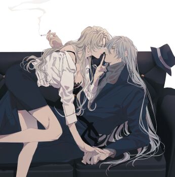 1boy 1girl black_coat black_skirt blonde_hair cigarette coat commentary earrings eye_contact gin_(meitantei_conan) hat highres holding holding_cigarette jewelry kmk_oc long_hair looking_at_another meitantei_conan profile shirt skirt smoke vermouth_(meitantei_conan) white_hair white_shirt