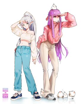 2girls absurdres alternate_costume alternate_hairstyle animal animal_on_head arm_at_side artist_collaboration artist_name baby_animal bare_shoulders bell-bottoms bird bird_on_head blue_footwear blue_pants bracelet breasts cesar_art456 chick closed_mouth clothes_writing commentary contemporary cropped_shirt elf english_commentary fern_(sousou_no_frieren) frieren gem grey_hair grey_pants hair_ribbon half_updo highres jewelry large_breasts leaning_forward long_hair long_sleeves looking_ahead looking_at_viewer medium_breasts midriff multiple_girls navel necklace off-shoulder_shirt off_shoulder on_head pants pants_rolled_up pendant pointy_ears ponytail purple_eyes purple_hair red_shirt reflective_floor ribbon ring shading_eyes shirt shoes sidelocks sleeves_pushed_up smile sneakers socks sousou_no_frieren standing stephengiannart very_long_hair white_background white_footwear white_shirt white_socks zzz