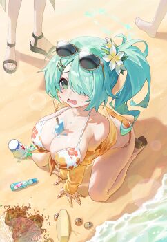 3girls absurdres aqua_hair bare_legs bare_shoulders between_breasts bikini black_sandals blue_archive blush breasts cleavage cosplay eyewear_on_head floral_print floral_print_bikini flower food green_eyes hair_flower hair_ornament hair_over_one_eye highres hiyori_(blue_archive) hiyori_(swimsuit)_(blue_archive) huge_breasts jacket kneeling long_hair looking_at_viewer multiple_girls noodles official_alternate_costume official_alternate_hairstyle open_mouth popsicle print_bikini sandals side_ponytail spill sunglasses swimsuit tears u.rang white_bikini white_flower yellow_jacket