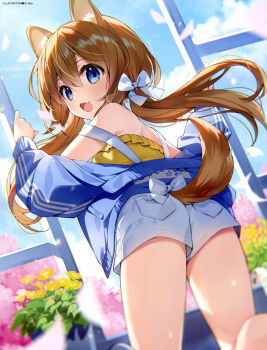 1girl absurdres animal_ears armpit_crease artist_name blue_eyes blue_jacket blue_sky bow brown_hair cherry_tree cloud cloudy_sky day dengeki_moeoh denim denim_shorts dog_ears dog_girl dog_tail falling_petals fang feet_out_of_frame flower from_behind from_below hair_between_eyes hair_bow highres jacket jacket_partially_removed kneeling long_hair looking_at_viewer looking_back magazine_scan open_mouth original petals pink_petals plant potted_plant scan shirt shorts sky solo strapless strapless_shirt suimya suspender_shorts suspenders tail thighs third-party_source tree twintails white_bow yellow_flower yellow_shirt