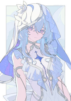 1girl absurdres armlet blue_dress blue_hair blue_veil breasts closed_mouth colored_eyelashes commentary_request dress hair_between_eyes highres jewelry large_breasts looking_at_viewer partial_commentary purple_eyes ruogong_qingyue shorekeeper_(wuthering_waves) sleeveless sleeveless_dress smile solo two-tone_veil upper_body veil white_veil wuthering_waves