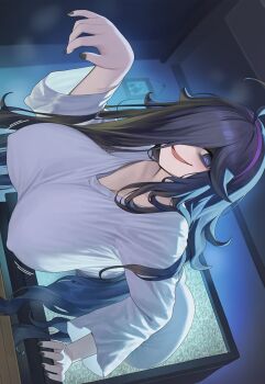 1girl breasts cosplay fingernails hex_maniac_(pokemon) highres long_hair looking_at_viewer nail_polish nintendo one_eye_covered pokemon shirt solo the_ring ueponzu