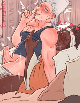 2boys anal bacchyarts blue_eyes blush closed_eyes dark-skinned_male dark_skin erection highres indoors interracial jean_pierre_polnareff jojo_no_kimyou_na_bouken large_pectorals male_focus male_penetrated mohammed_avdol multiple_boys muscular muscular_male pectorals penis pillow reverse_cowgirl_position sex stardust_crusaders straddling yaoi