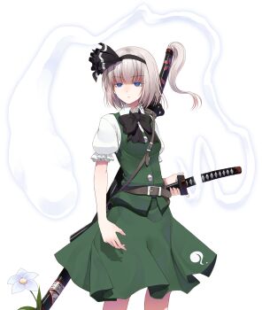Rule 34 | 1girl, belt, belt buckle, black hairband, black ribbon, breasts, bright pupils, buckle, buttons, closed mouth, commentary request, crote, flower, green skirt, green vest, grey hair, hairband, half-closed eyes, highres, holding, holding sword, holding weapon, katana, konpaku youmu, konpaku youmu (ghost), large variant set, neck ribbon, puffy sleeves, ribbon, short hair, simple background, skirt, skirt set, small breasts, solo, standing, sword, touhou, transparent background, variant set, vest, weapon, white flower, white pupils