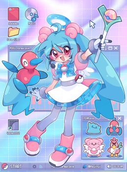 1girl :d absurdres ahoge alternate_color alternate_costume ankle_boots artist_name asuinui blissey blissey_(cosplay) blue_bow blue_hair blue_halo blue_trim boots bow bracelet cosplay cursor desktop_(computing) ditto dress farfetch&#039;d farfetch&#039;d_(cosplay) full_body gen_1_pokemon gen_2_pokemon gloves grid_background hair_between_eyes halo hatsune_miku highres holding icon_(computing) jewelry long_hair mega_man_(series) mega_man_battle_network_(series) mini_wings multicolored_dress nintendo open_mouth pantyhose pink-tinted_eyewear pink_boots poke_ball pokemon pokemon_(creature) porygon porygon2 porygon_(cosplay) puffy_sleeves purple_pantyhose shiny_pokemon short_sleeves smile spring_onion standing taskbar tinted_eyewear twintails two-tone_gloves vocaloid window_(computing) wings