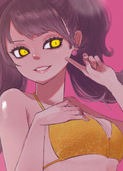 1girl artist_request bikini bikini_top_only breasts brown_hair cleavage eyelashes hand_on_own_chest highres kujikawa_rise lips long_hair looking_at_viewer orange_bikini persona persona_4 pink_background shadow_rise shiny_skin simple_background smile solo swimsuit twintails upper_body yellow_eyes