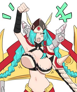 +++ 1girl aqua_hair arm_snake arm_up arm_wrap armpits bikini bikini_top_only blush_stickers bouncing_breasts braid breasts cape cleavage clenched_hand closed_eyes commentary cowboy_shot digimon digimon_(creature) digimon_xros_wars extra_arms gun hair_between_eyes hair_over_one_eye hair_ribbon helmet highres holding holding_gun holding_weapon jetmervamon large_breasts living_weapon long_hair mechanical_wings mervamon motion_lines navel notice_lines o-ring o-ring_top open_mouth oredesu_(723natundayo) red_cape red_ribbon ribbon shoulder_pads sidelocks simple_background smile solo standing stomach swimsuit teeth tress_ribbon twin_braids twitter_username unaligned_breasts upper_teeth_only waist_cape watermark weapon white_background white_bikini winged_helmet wings yellow_eyes