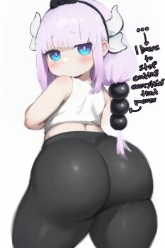 1girl ass black_pants blue_eyes blush dragon_girl dragon_horns english_text female_focus highres horns huge_ass kanna_kamui kobayashi-san_chi_no_maidragon kyojiri_loli loli looking_back pants purple_hair simple_background solo spread_legs tight_clothes tight_pants ttt_artia white_background