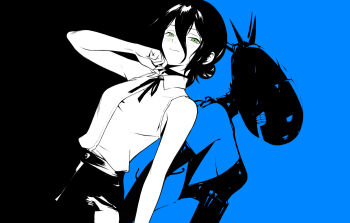 1girl apron bomb_devil_(chainsaw_man) breasts chainsaw_man choker closed_mouth collared_shirt dual_persona elbow_gloves gloves green_eyes grenade_pin hair_between_eyes hair_bun object_head potatoy reze_(chainsaw_man) shirt shirt_tucked_in shorts sleeveless sleeveless_shirt small_breasts teeth