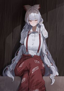 1girl 258n blunt_bangs blush bow breasts collared_shirt fujiwara_no_mokou hair_bow highres indoors long_hair long_sleeves ofuda ofuda_on_clothes one_eye_closed pants rain red_eyes red_pants shirt sitting solo suspenders touhou wet wet_clothes wet_shirt white_bow white_hair white_shirt wooden_wall