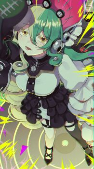 Rule 34 | black corset, blonde hair, bonnet, commentary request, corset, duel monster, frilled skirt, frilled sleeves, frills, from above, green hair, headphones, high heels, highres, kewl tune rotary, long hair, multicolored hair, open mouth, pinyata (pinyaland), skirt, sleeves past fingers, sleeves past wrists, standing, tagme, two-tone hair, yellow eyes, yu-gi-oh!