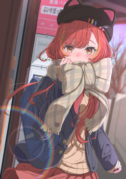 Rule 34 | 1girl, absurdres, adjusting scarf, alternate costume, animal ear headwear, animal ears, bag, bare tree, beret, black hat, black nails, blue bag, blue jacket, blurry, blurry background, blush, bow, brown cardigan, brown scarf, bule blue 2, bus stop, cardigan, closed mouth, commentary request, dutch angle, enpera, fake animal ears, hat, highres, jacket, long hair, long sleeves, looking at viewer, multicolored hair, neckerchief, nekota tsuna, orange eyes, orange hair, outdoors, plaid clothes, plaid scarf, pleated skirt, red hair, red neckerchief, red skirt, scarf, scarf bow, school bag, school uniform, skirt, sleeves past wrists, solo, streaked hair, tree, two-tone hair, upper body, virtual youtuber, vspo!, wavy mouth