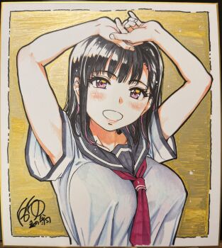 1girl arms_up bare_arms black_hair blush breasts colorized dress fringe_trim highres large_breasts long_hair looking_at_viewer mouth_hold multicolored_eyes necktie nudist_beach_ni_shuugakuryokou_de!! open_mouth pale_skin pink_lips purple_eyes sailor_collar school_uniform shikishi shiwasu_no_okina sign signature smile solo straight_hair summer_uniform tagme taniguchi_akiho teeth teeth_hold traditional_media visible_ears white_dress yellow_background