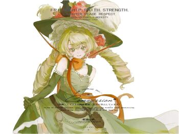 1girl bare_shoulders belt belt_pouch blonde_hair bow brown_belt chinstrap dress drill_hair elbow_gloves flower gloves green_dress green_eyes green_gloves green_hat grin hat hat_feather hat_flower highres long_hair looking_at_viewer low_twintails orange_bow picture_hat pouch red_flower reverse:1999 skirt_hold sleeveless sleeveless_dress smile solo sotheby twin_drills twintails upper_body watermark white_background yanzi_baishui