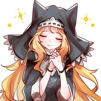 1girl archetto_(arknights) arknights aza_nonoka black_dress blonde_hair blush closed_eyes closed_mouth dress facing_viewer long_hair long_sleeves nun own_hands_clasped own_hands_together praying simple_background smile solo upper_body veil very_long_hair white_background wristband
