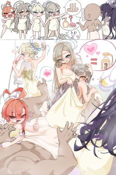 1boy 5girls ahoge akane_(blue_archive) arcosxpi asuna_(blue_archive) bar_soap bare_shoulders barefoot bath bathing black_hair black_halo blonde_hair blue_archive blue_eyes blue_halo blush braid breast_rest breasts brown_hair brown_halo cleaning_&amp;_clearing_(blue_archive) collarbone dark-skinned_female dark_skin embarrassed glasses hair_bun hair_over_one_eye half_up_braid halo harem highres huge_ahoge karin_(blue_archive) large_breasts long_hair looking_at_viewer looking_back lying maid_headdress multicolored_hair multiple_girls muscular muscular_male naked_towel neru_(blue_archive) pulling_another&#039;s_clothes purple_hair purple_halo red_eyes red_hair rubber_duck sensei_(blue_archive) short_hair showering single_braid single_hair_bun sitting smile soap_bottle thumbs_up toki_(blue_archive) towel very_long_hair