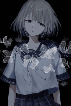 1girl absurdres black_background blank_stare blue_eyes blue_sailor_collar blue_skirt bug butterfly closed_mouth collarbone commentary cowboy_shot expressionless grey_hair half-closed_eyes highres idolmaster idolmaster_shiny_colors insect neckerchief numune plaid_clothes plaid_skirt sailor_collar school_uniform serafuku serizawa_asahi short_hair short_sleeves skirt solo straight-on symbol-only_commentary white_neckerchief white_serafuku