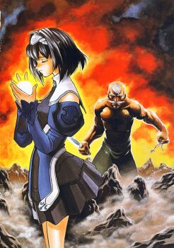 1boy 1girl bald black_hair chief_lee closed_eyes dress facial_hair kelvena knife muscular mustache old old_man outdoors short_dress short_hair topless_female uguisu_kagura uguisuya white_hair xenogears