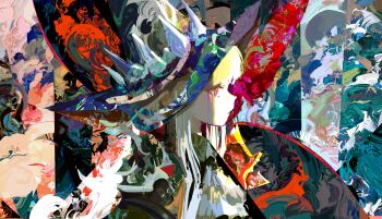 1girl abstract_background absurdres colorful commentary english_commentary expressionless from_side hat highres kevin_adi original portrait red_eyes solo white_hair wizard_hat