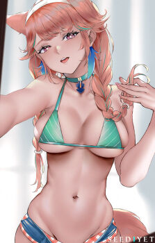 Rule 34 | 1girl, :d, animal ears, bikini, bikini top only, braid, breasts, bright pupils, cat ears, choker, cleavage, empty eyes, groin, hairband, head tilt, hololive, hololive english, indoors, long hair, looking at viewer, medium breasts, midriff, multicolored hair, navel, official alternate costume, open mouth, open pants, pants, pink eyes, short shorts, shorts, skindentation, smile, solo, streaked hair, swimsuit, takanashi kiara, twin braids, viola (seed), virtual youtuber, white pupils