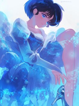 1girl artist_name black_hair blue_dress blue_eyes blue_shorts blue_theme bridal_gauntlets collarbone commentary dress high_heels highres ranma_1/2 short_hair shorts solo sparkle tendou_akane tomoe00022